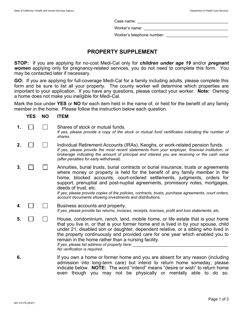 Form MC210 PS Property Supplement - California, Page 1