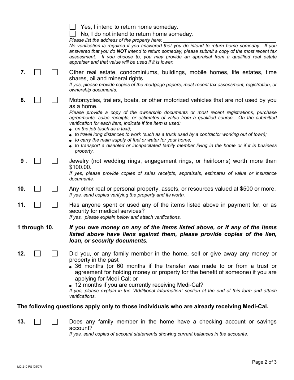 Form MC210 PS Property Supplement - California, Page 2