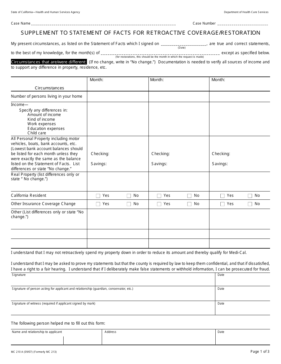 Form MC210 A Supplement to Statement of Facts for Retroactive Coverage / Restoration - California, Page 1