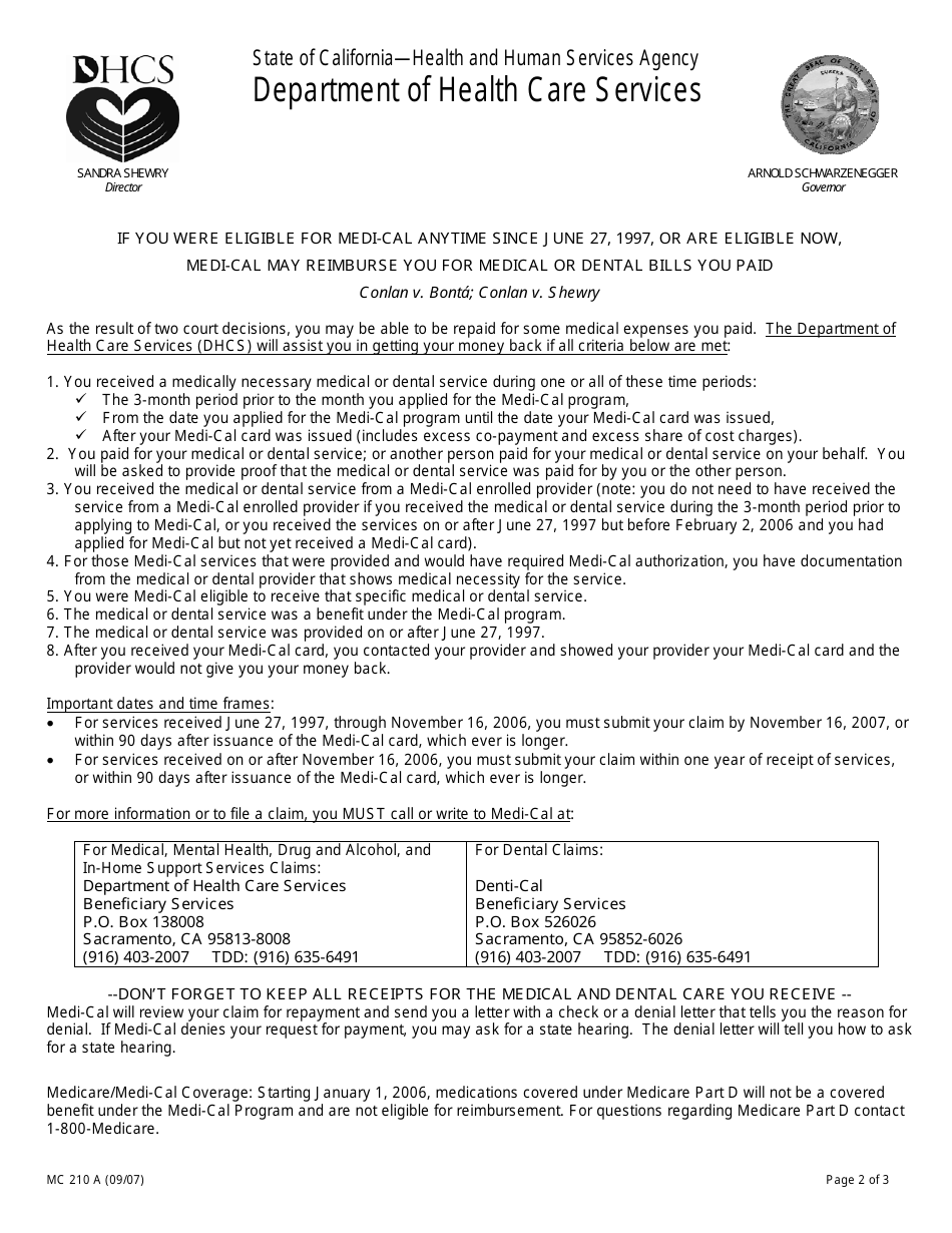 Form MC210 A Supplement to Statement of Facts for Retroactive Coverage / Restoration - California, Page 2
