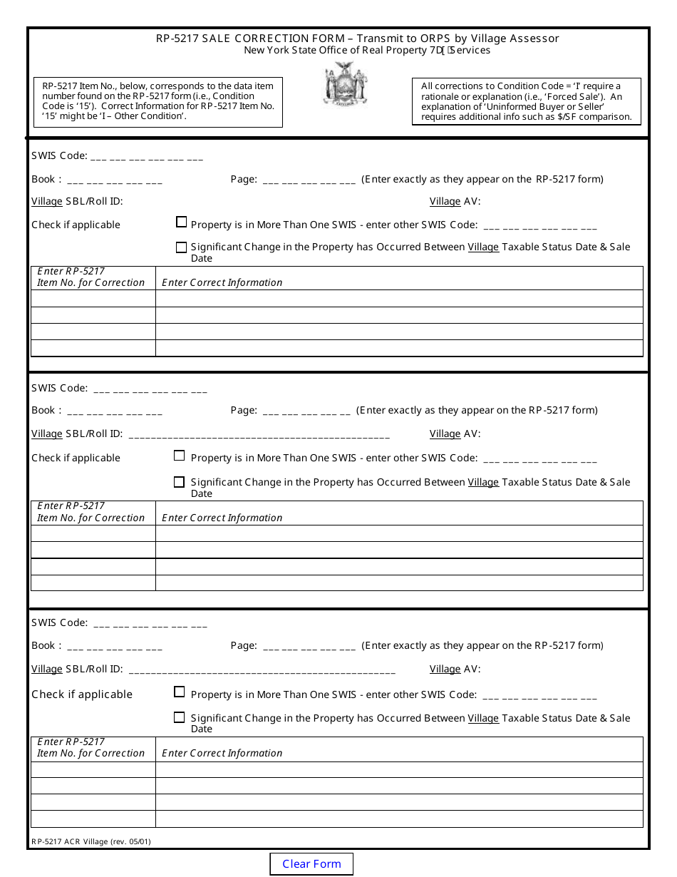 Form RP-5217 ACR Village Sale Correction Form - New York, Page 1