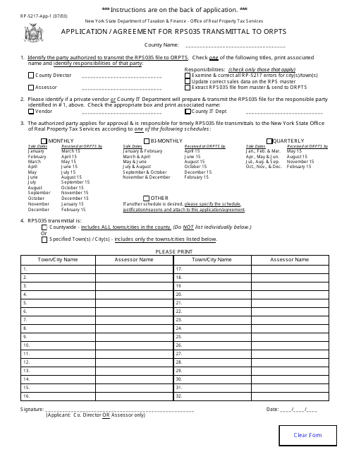 Form RP-5217-APP-1 Application / Agreement for Rps035 Transmittal to Orpts - New York