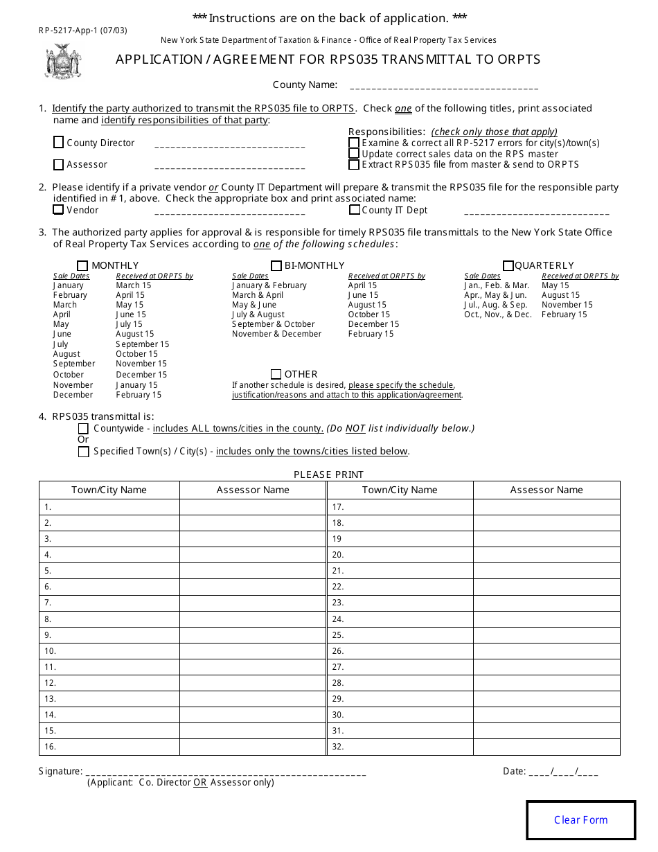 Form RP-5217-APP-1 Application / Agreement for Rps035 Transmittal to Orpts - New York, Page 1
