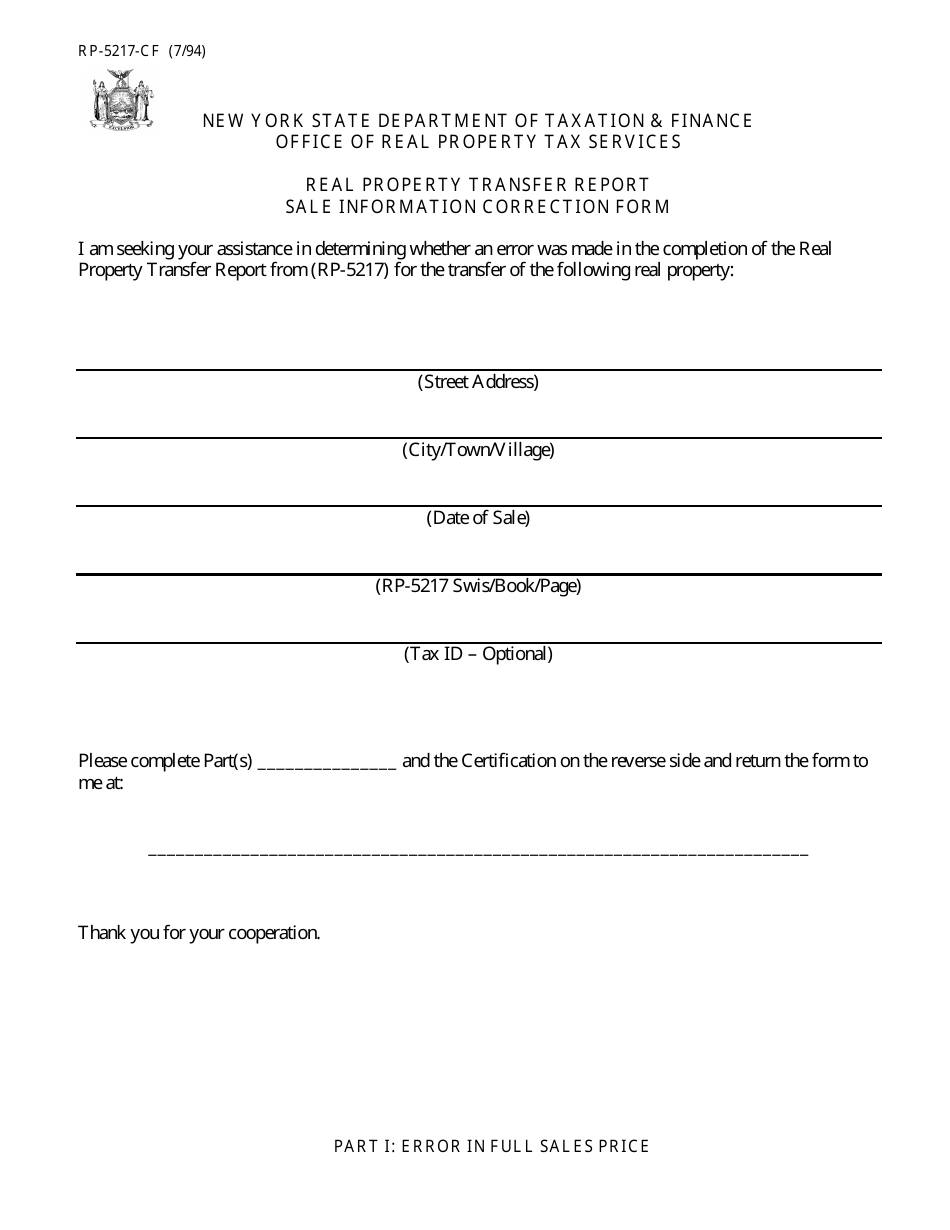 Form RP-5217-CF Real Property Transfer Report - Sale Information Correction Form - New York, Page 1