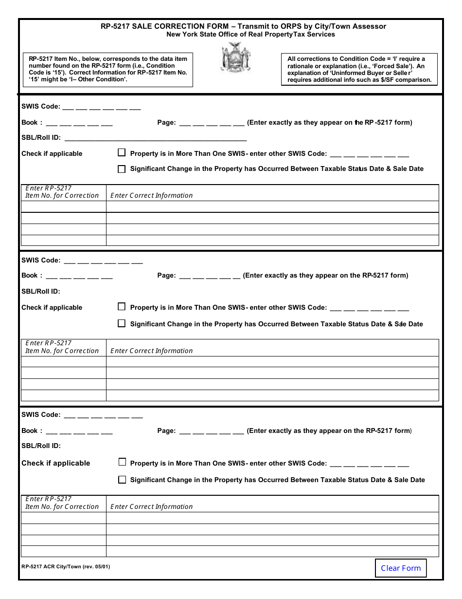 Form RP-5217 ACR City / Town Sale Correction Form - New York, Page 1