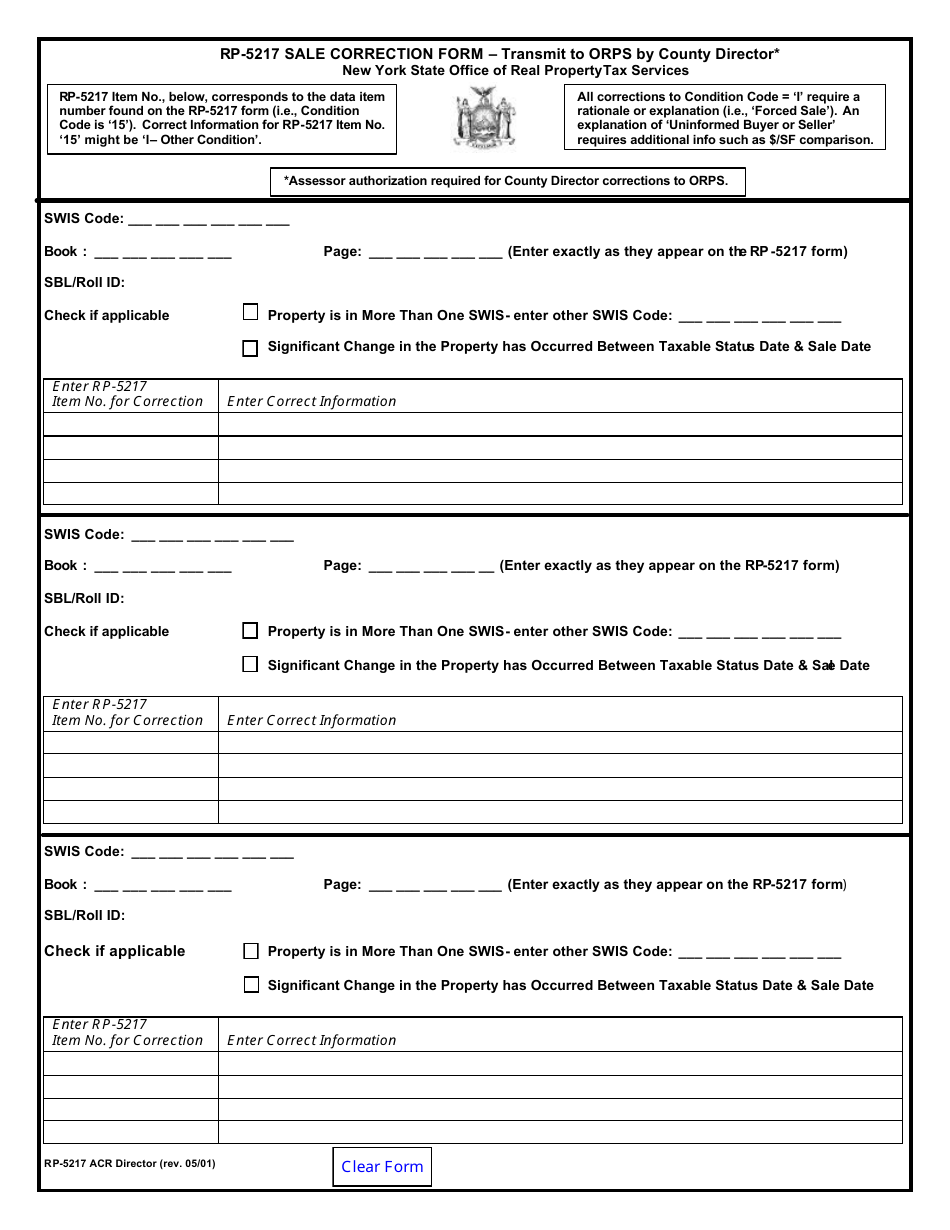 Form RP-5217 ACR Director Sale Correction Form - New York, Page 1