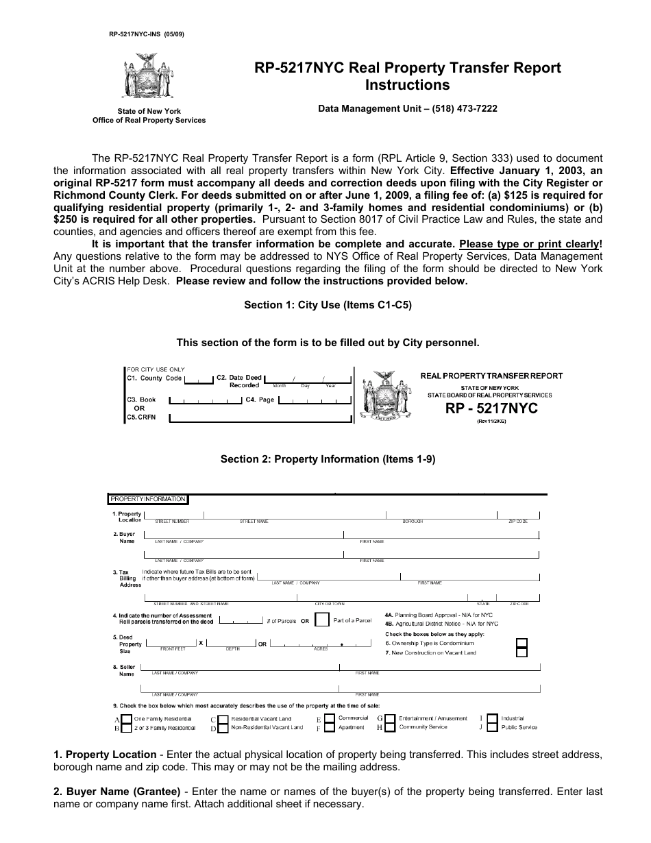 Instructions for Form RP-5217NYC Real Property Transfer Report - New York, Page 1