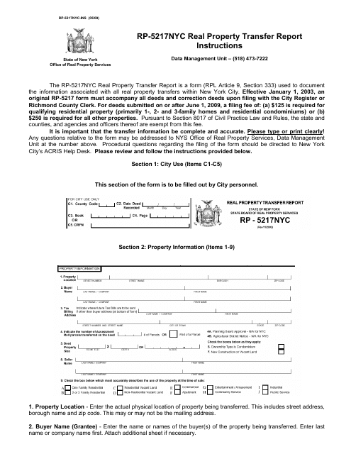 Instructions for Form RP-5217NYC Real Property Transfer Report - New York