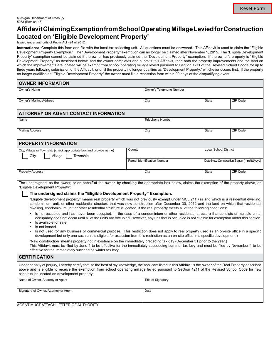 Form 5033 Affidavit Claiming Exemption From School Operating Millage Leveled for Constructions Located on eligible Development Property - Michigan, Page 1