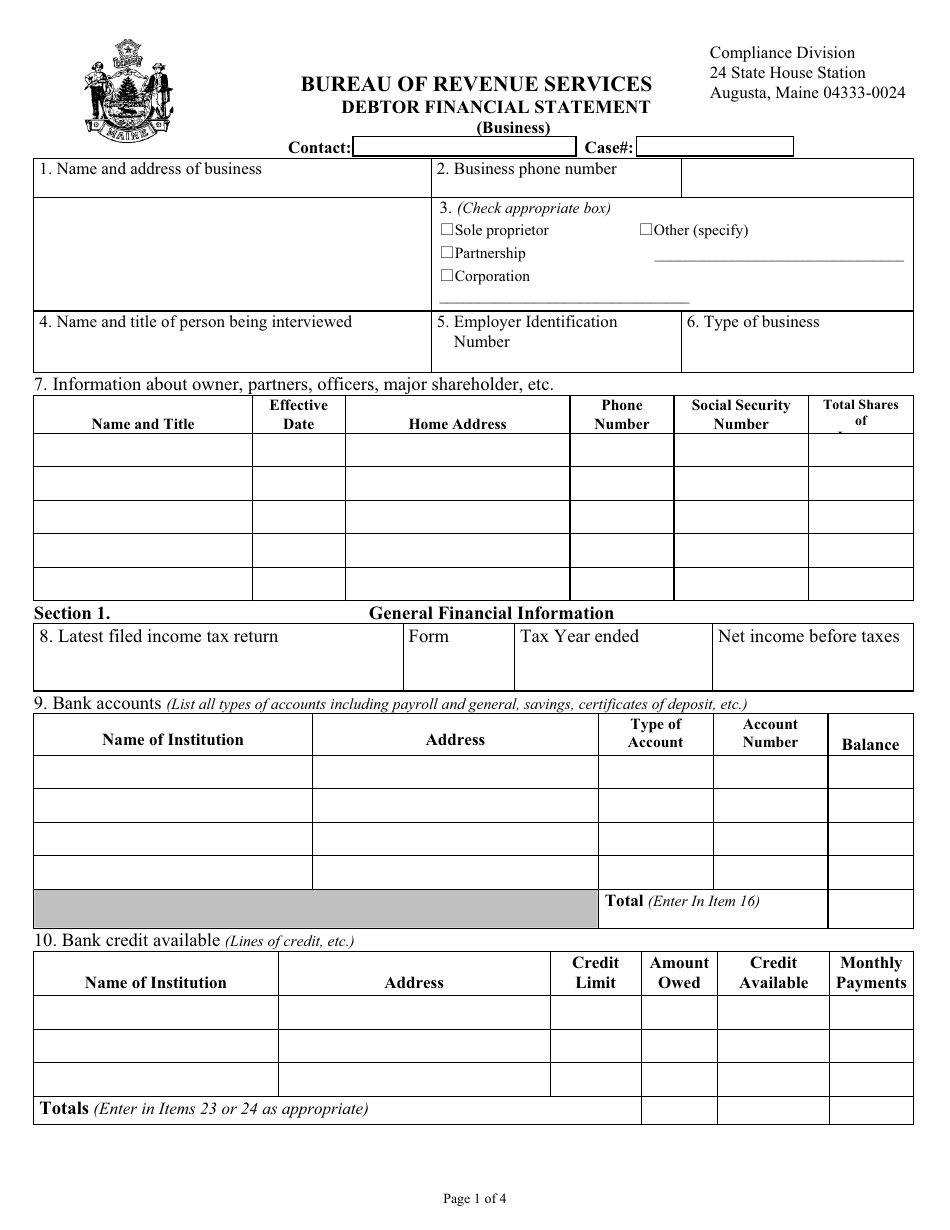 Debtor Financial Statement Form - Maine, Page 1