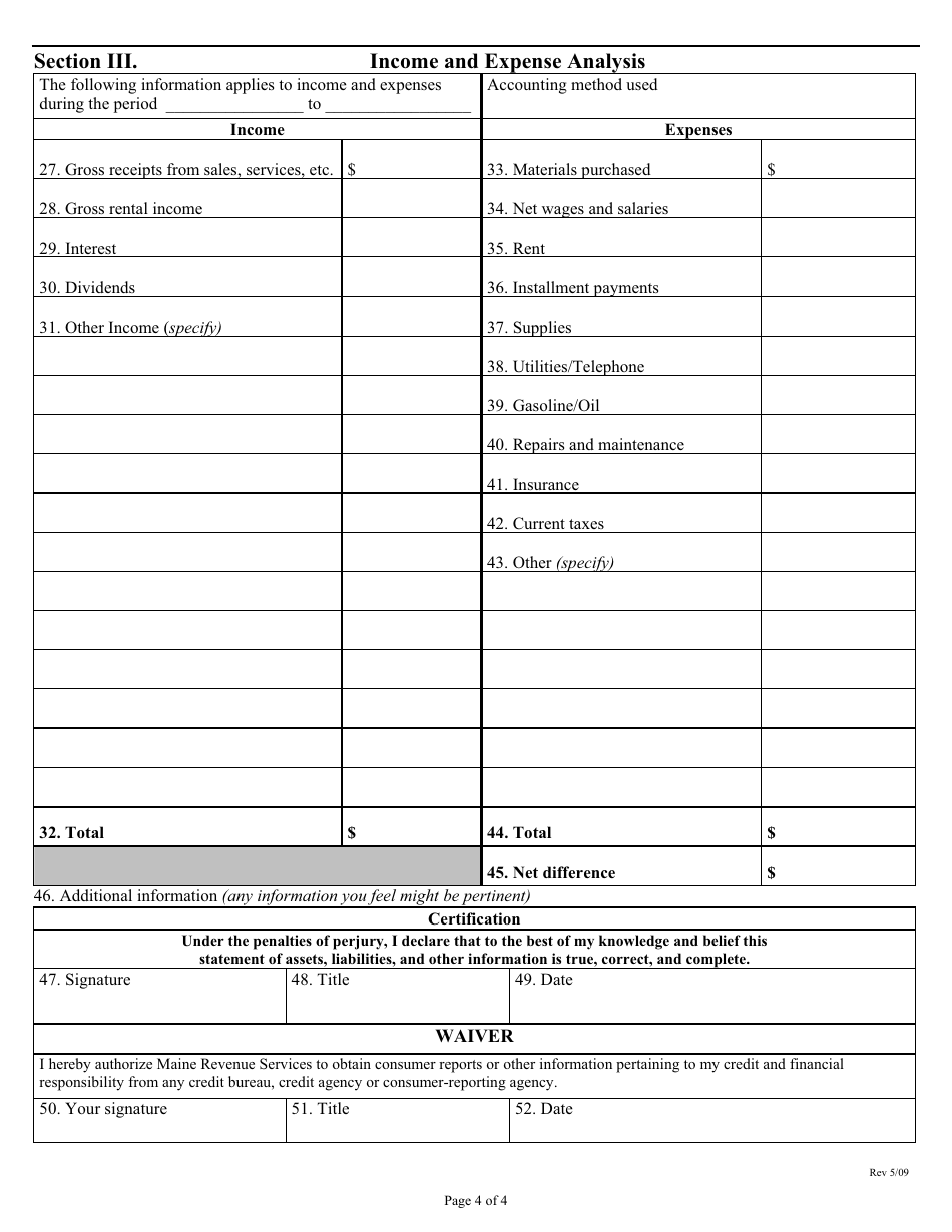 Debtor Financial Statement Form - Maine, Page 4