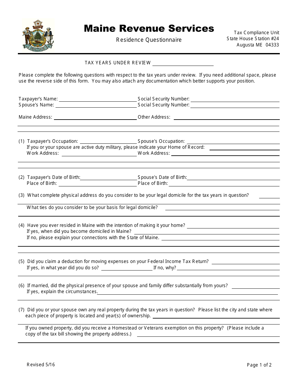 Residence Questionnaire Form - Maine, Page 1