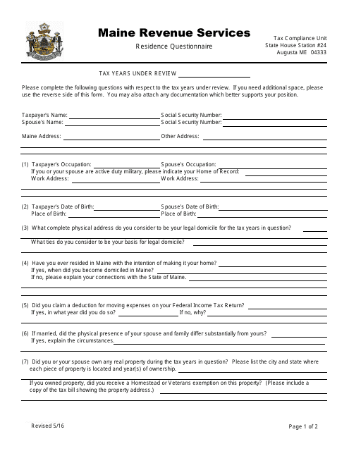 Residence Questionnaire Form - Maine Download Pdf