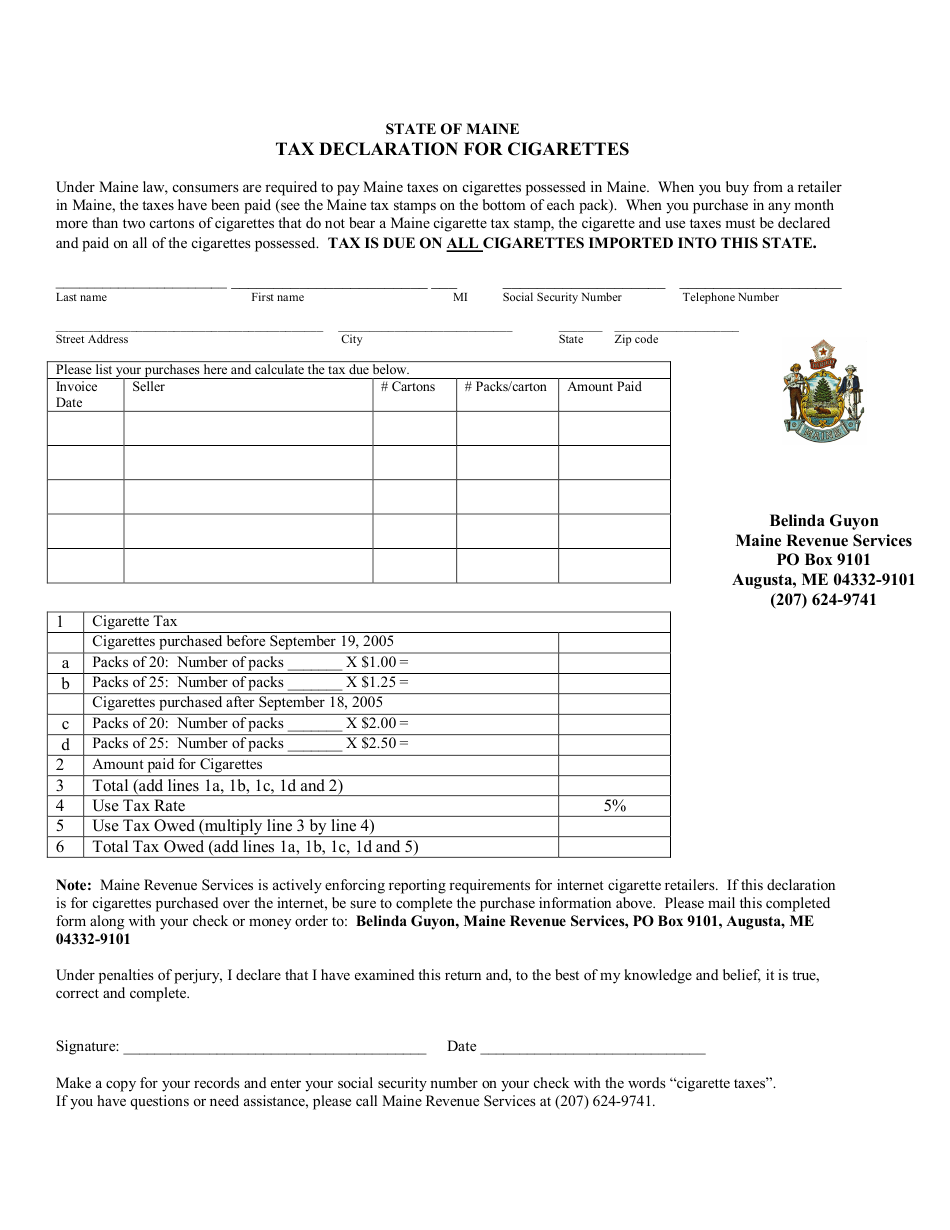 Tax Declaration Form for Cigarettes - Maine, Page 1