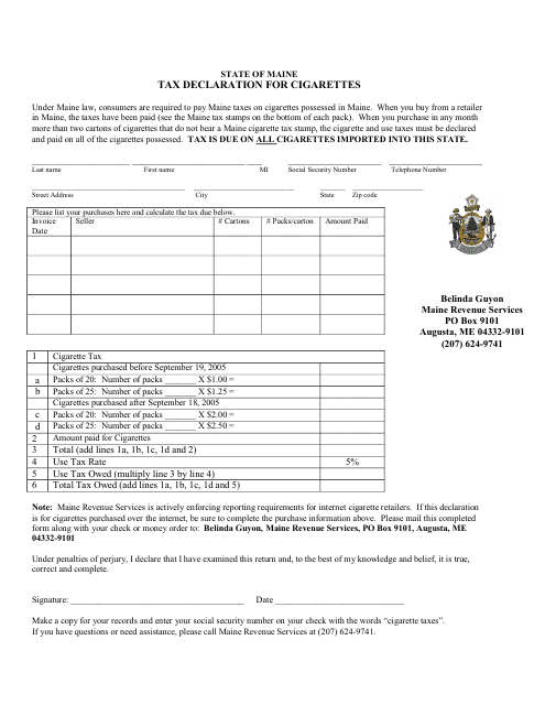 Tax Declaration Form for Cigarettes - Maine