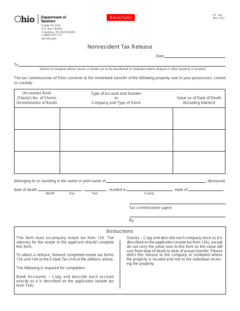 Form ET14A Nonresident Tax Release - Ohio