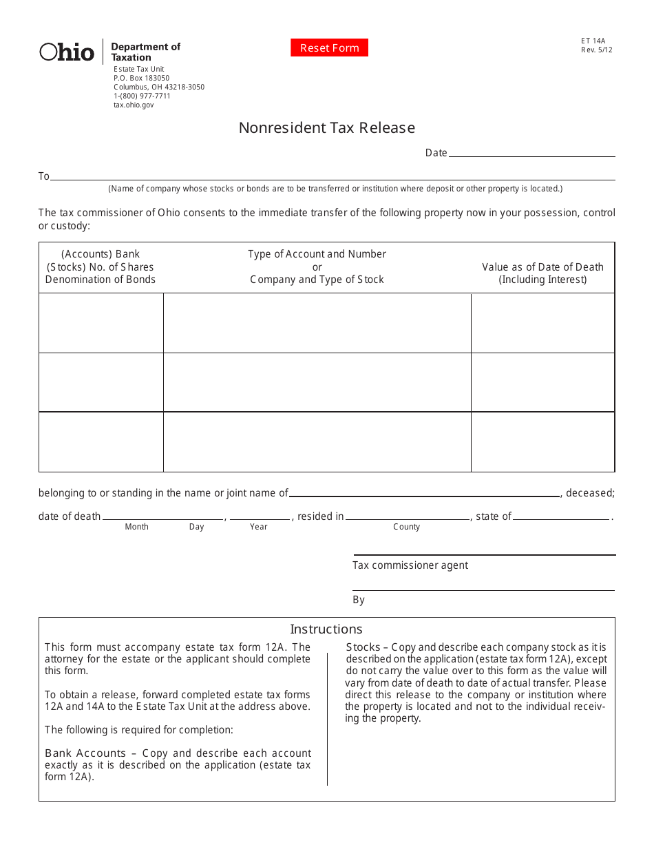 Form ET14A Nonresident Tax Release - Ohio, Page 1
