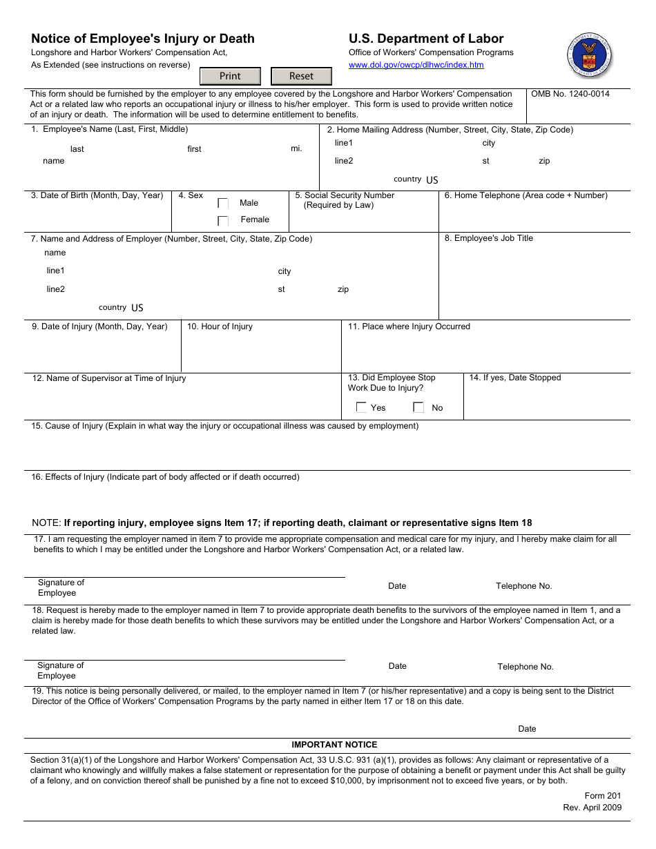 Form 201 Notice of Employees Injury or Death, Page 1