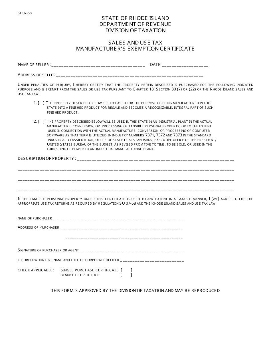 Form Su07 58 Download Printable Pdf Or Fill Online Sales And Use Tax Manufacturers Exemption Certificate Rhode Island Templateroller