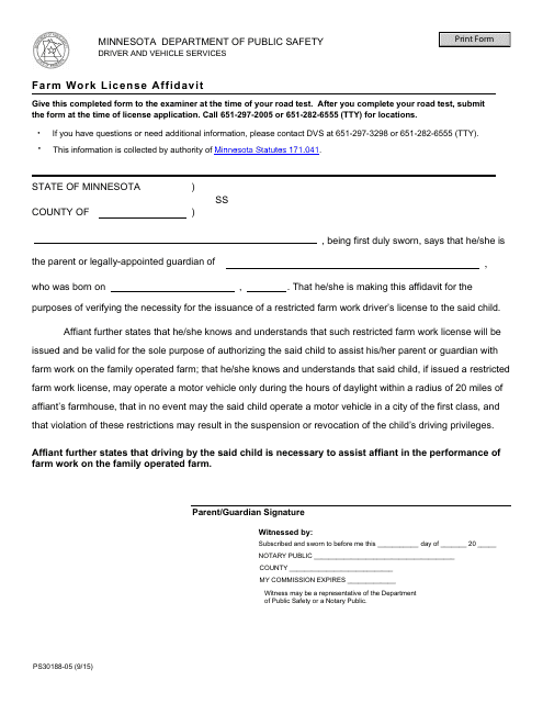 Form PS30188-05 Farm Work License Affidavit - Minnesota