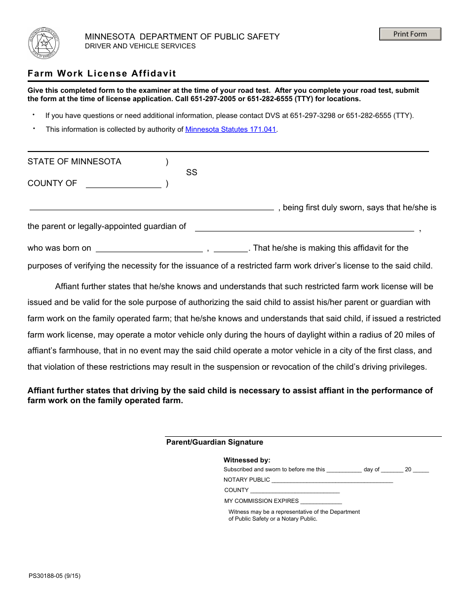 Form PS30188-05 Farm Work License Affidavit - Minnesota, Page 1