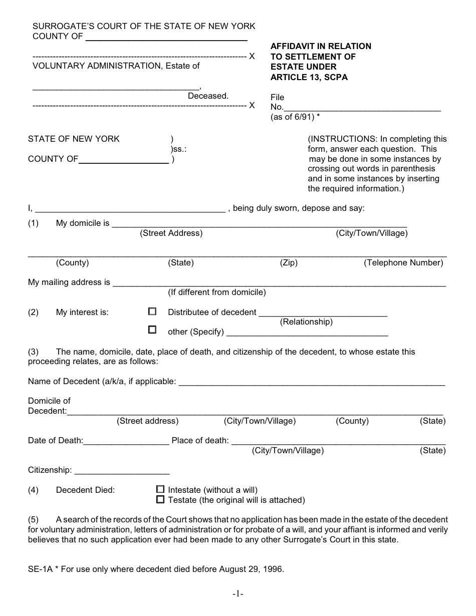 Form SE-1A Affidavit in Relation to Settlement of Estate Under Article 13, Scpa - New York, Page 1
