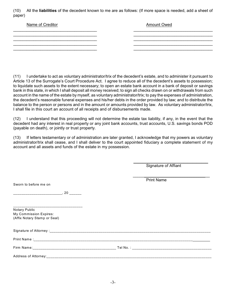 Form SE-1A Affidavit in Relation to Settlement of Estate Under Article 13, Scpa - New York, Page 3