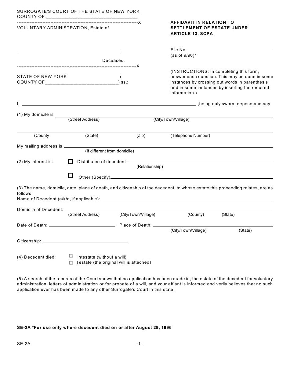 Form SE-2A Affidavit in Relation to Settlement of Estate Under Article 13, Scpa - New York, Page 1