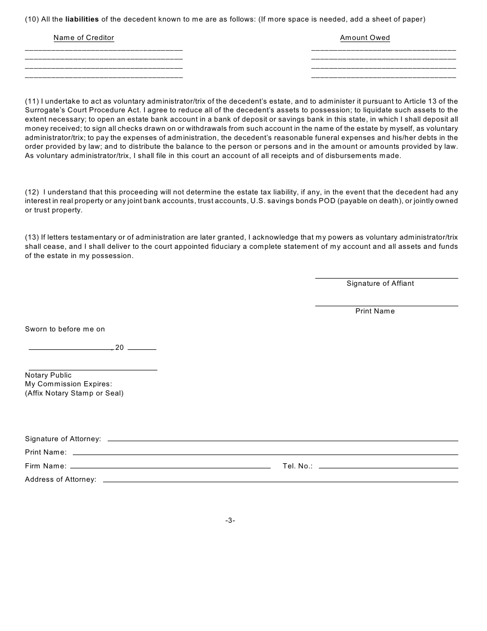 Form SE-2A Affidavit in Relation to Settlement of Estate Under Article 13, Scpa - New York, Page 3
