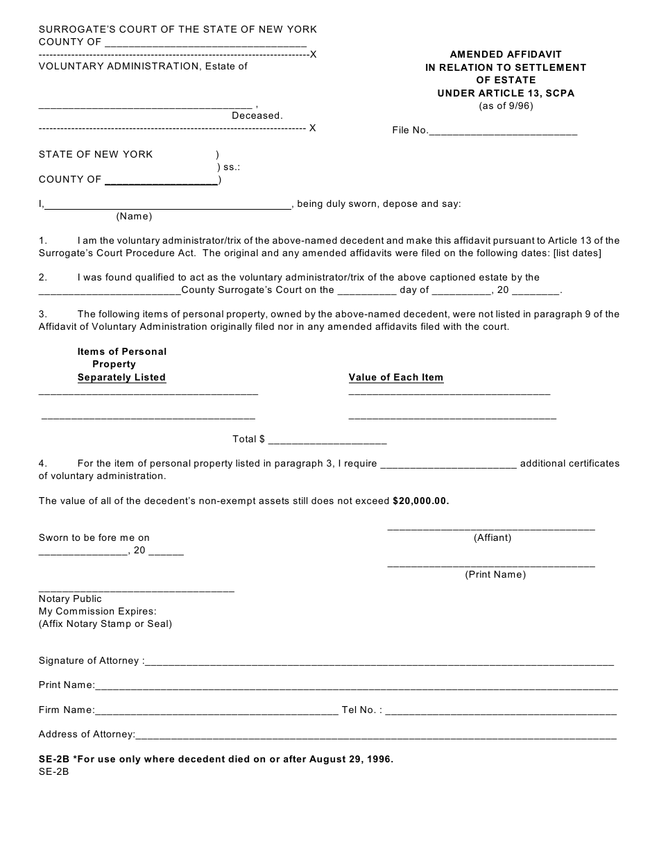 Form SE-2B Amended Affidavit in Relation to Settlement of Estate Under Article 13, Scpa - New York, Page 1