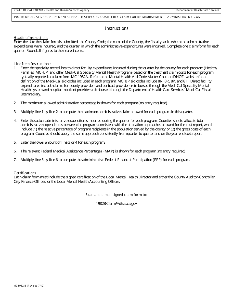 Form MC1982 B Medi-Cal Specialty Mental Health Services Quarterly Claim for Reimbursement - Administrative Cost - California, Page 2