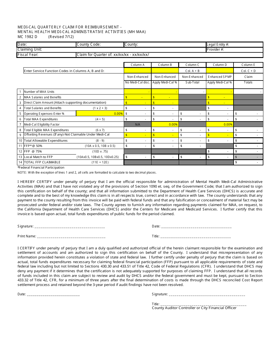 Form MC1982 D Medi-Cal Quarterly Claim for Reimbursement - Mental Health Medi-Cal Administrative Activities (Mh Maa) - California, Page 1