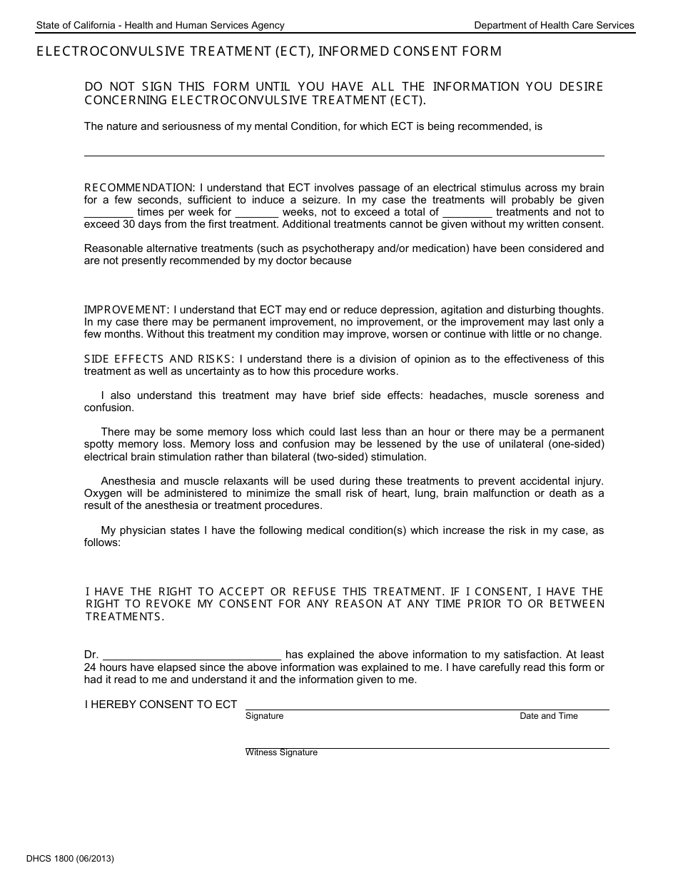 Form DHCS1800 Electroconvulsive Treatment (Ect), Informed Consent Form - California, Page 1