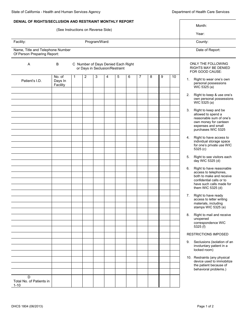 Form DHCS1804 Denial of Rights / Seclusion and Restraint Monthly Report - California, Page 1