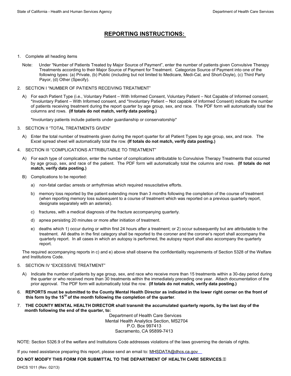 Form DHCS1011 Convulsive Treatments Administered - Quarterly Report - California, Page 2