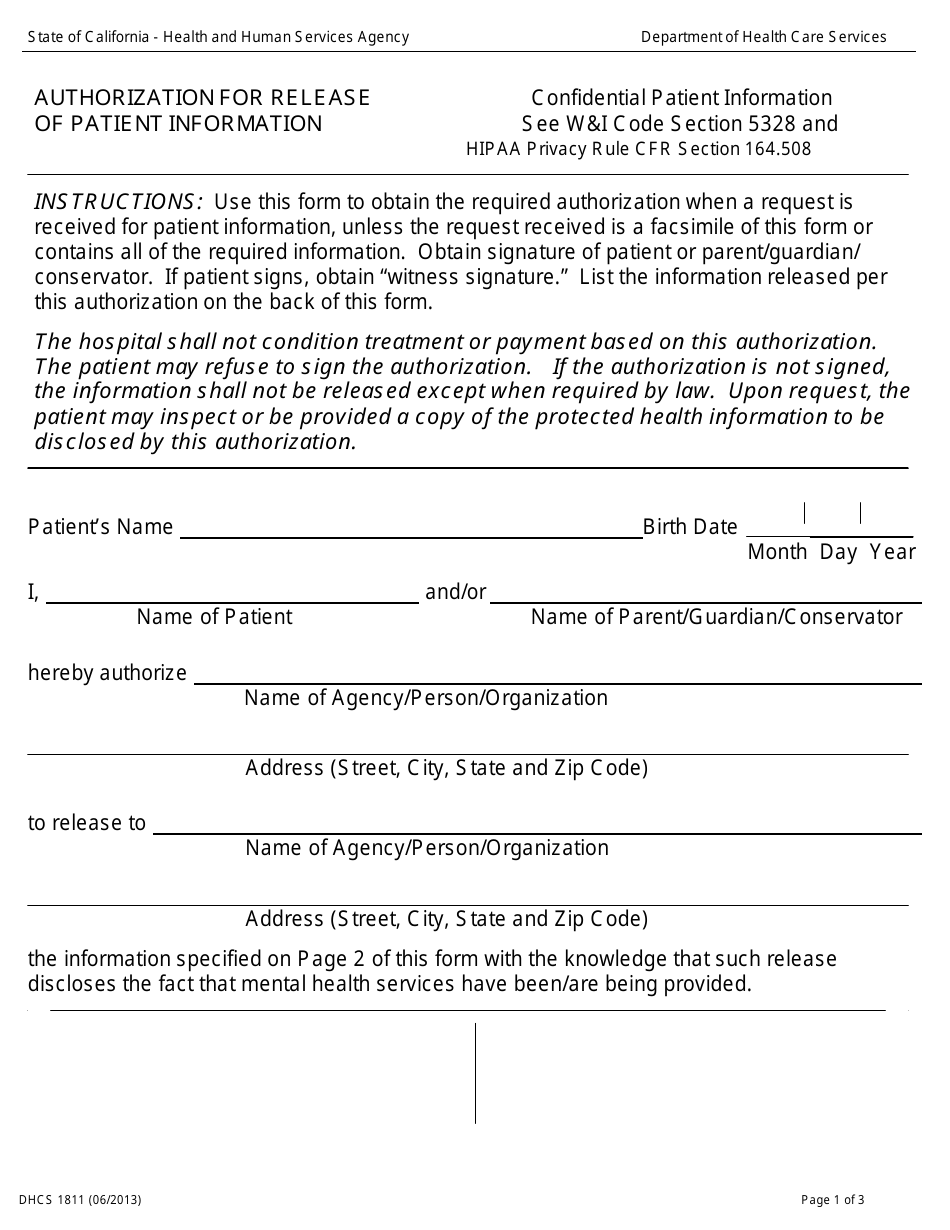 Form DHCS1811 Authorization for Release of Patient Information - California, Page 1