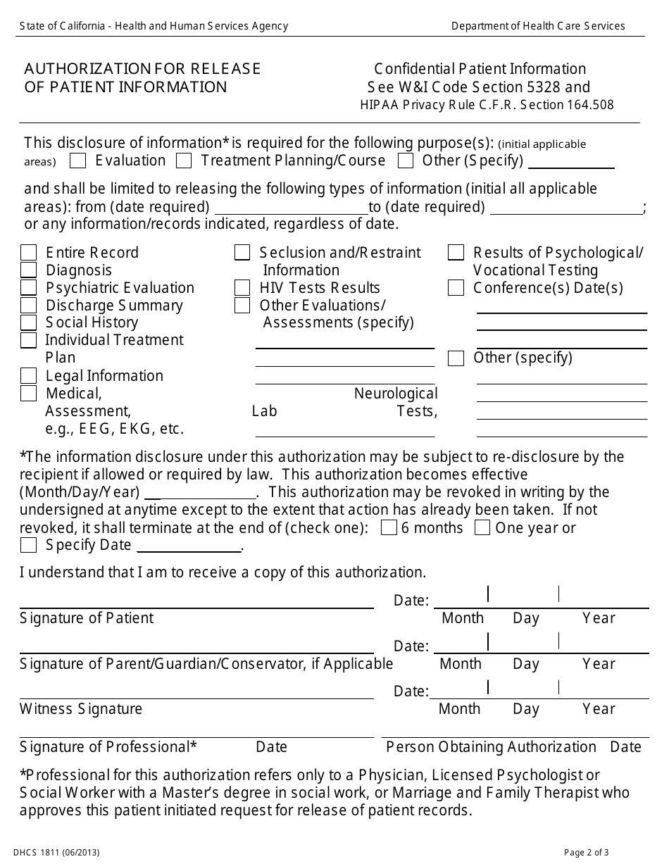 Form DHCS1811 Authorization for Release of Patient Information - California, Page 2
