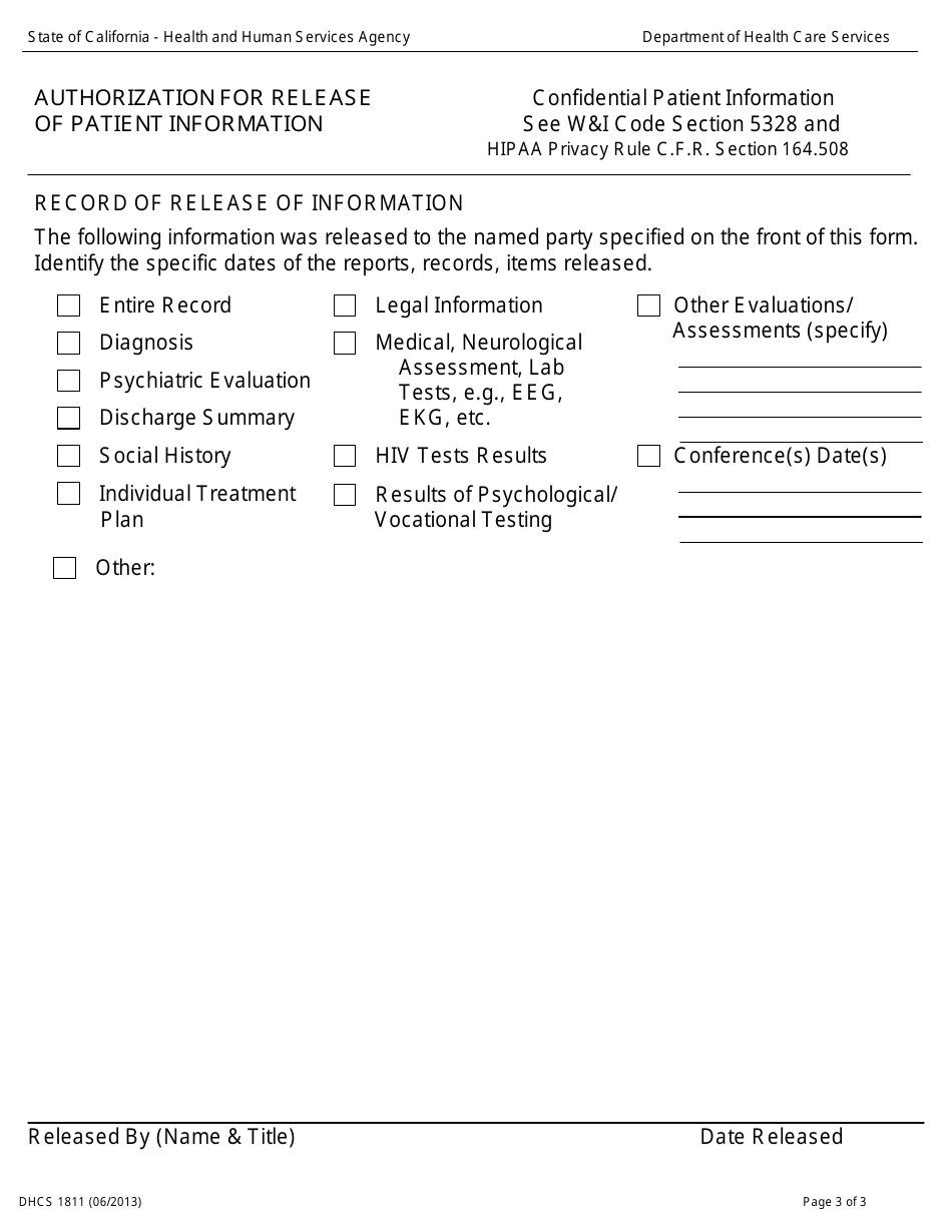 Form DHCS1811 Authorization for Release of Patient Information - California, Page 3