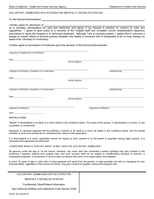 Form DHCS1812 Voluntary Admission Application for Mentally Disabled Person - California