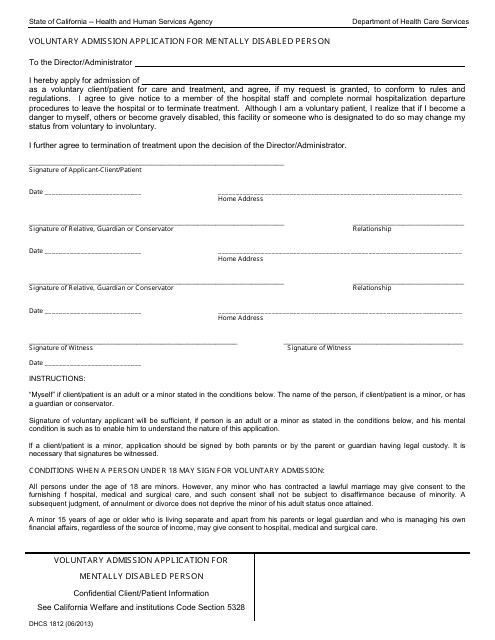 Form DHCS1812  Printable Pdf