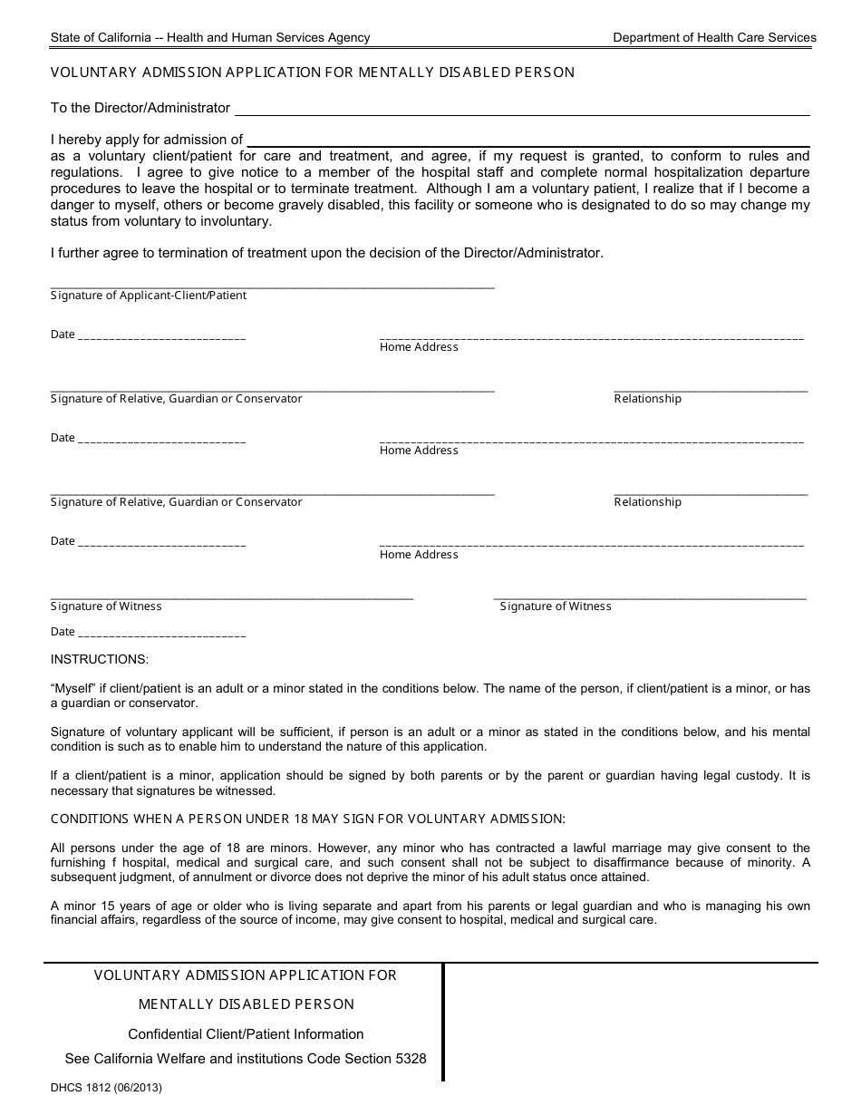 Form DHCS1812 - Fill Out, Sign Online And Download Printable PDF ...