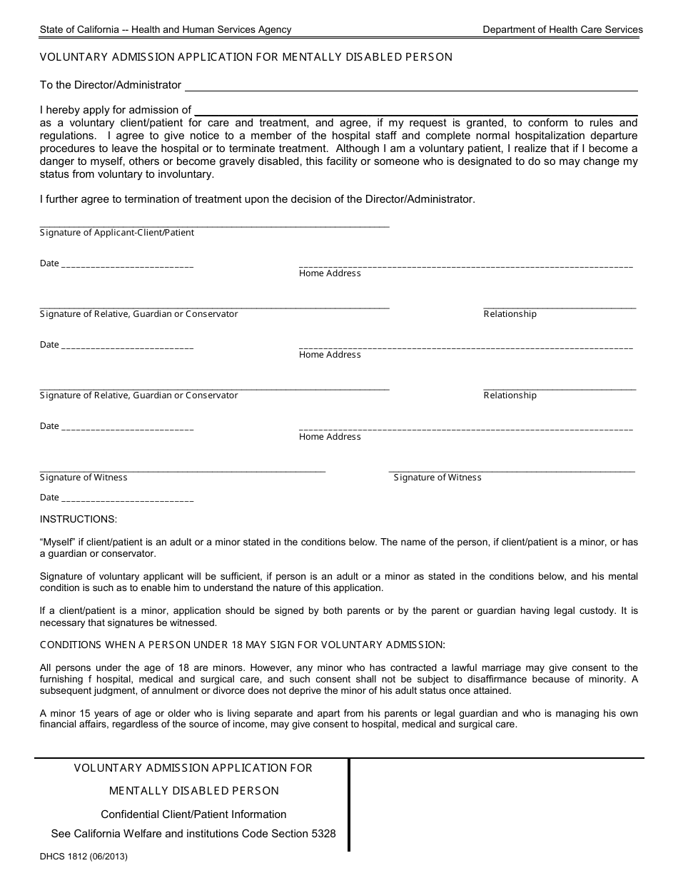 Form DHCS1812 Voluntary Admission Application for Mentally Disabled Person - California, Page 1