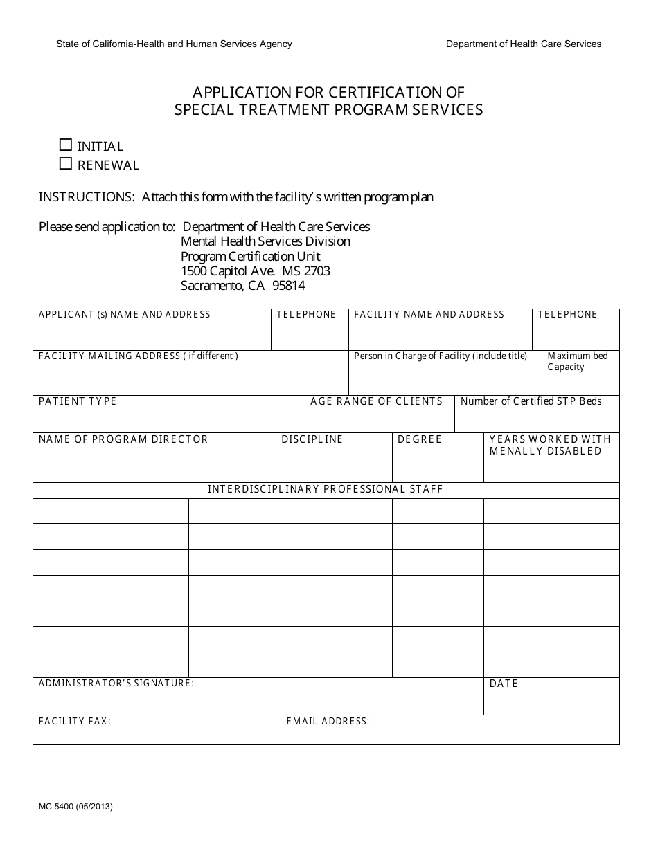 Form MC5400 Application for Certification of Special Treatment Program Services - California, Page 1