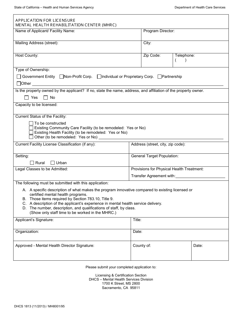 Form DHCS1813 Application for Licensure - Mental Health Rehabilitation Center (Mhrc) - California, Page 1