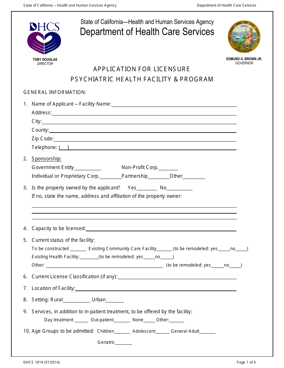 Form DHCS1814 Application for Licensure Psychiatric Health Facility  Program - California, Page 1