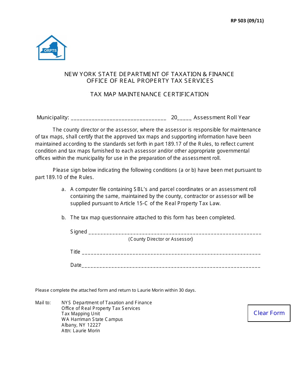 Form RP503 Tax Map Maintenance Certification - New York, Page 1