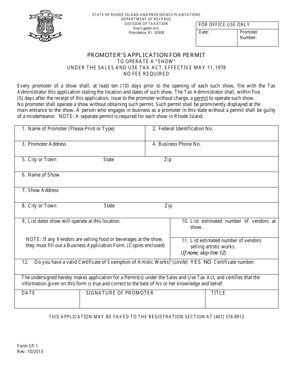 Form SP-1 Promoters Application for Permit - Rhode Island, Page 1