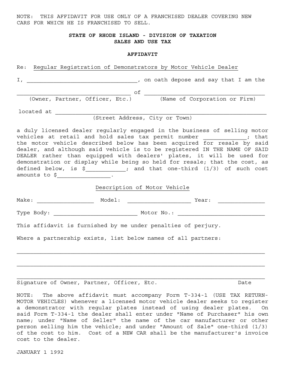 Affidavit - Regular Registration of Demonstrators by Motor Vehicle Dealer - Rhode Island, Page 1
