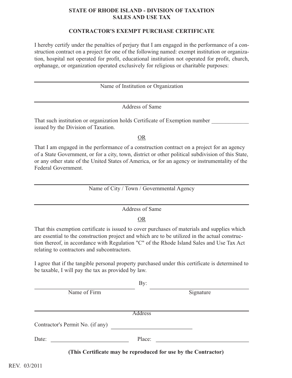 Contractors Exempt Purchase Certificate Form - Rhode Island, Page 1