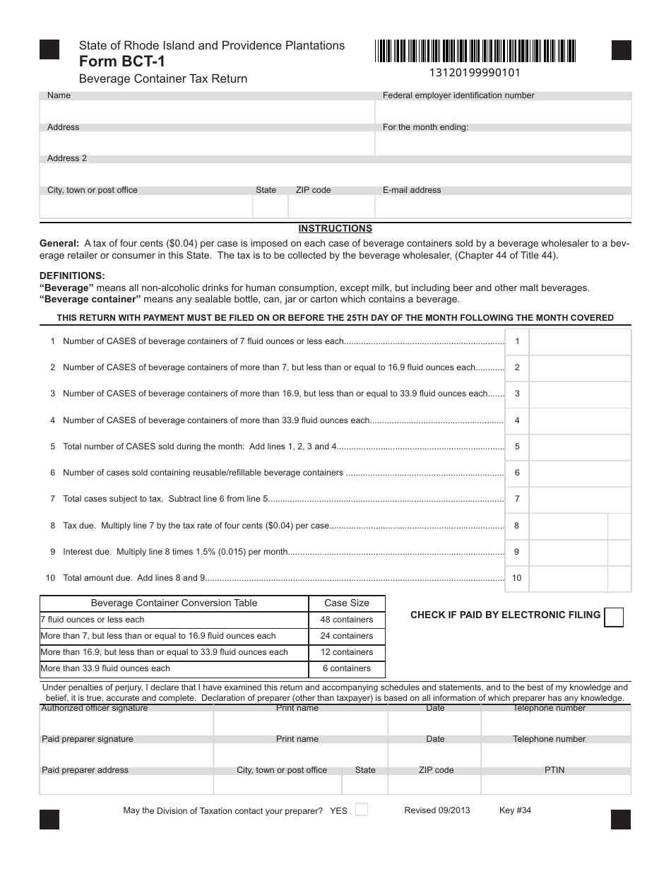 Form BCT-1 Beverage Container Tax Return - Rhode Island, Page 1